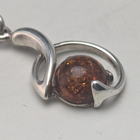 Circa 1910 British Antique Sterling Silver Double Albert Chain 37g Sterling Silver & Amber Fob